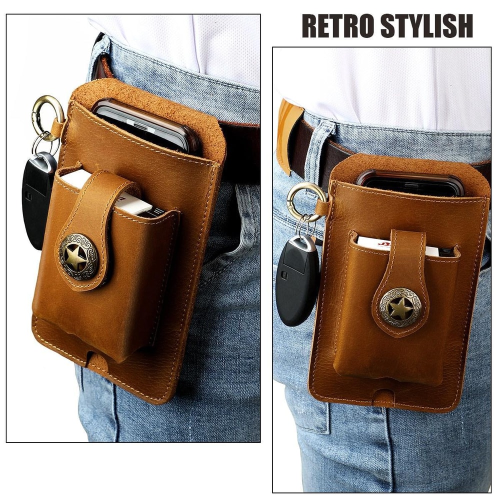 Genuine Leather Mens Belt Pouch Outdoor Mobile Phone Waist Bag