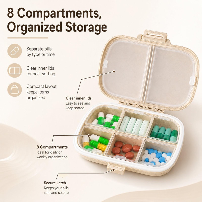 Eco Compact Travel Pill Organizer Compartment Portable Medicine Case Wheat Straw Pill Box
