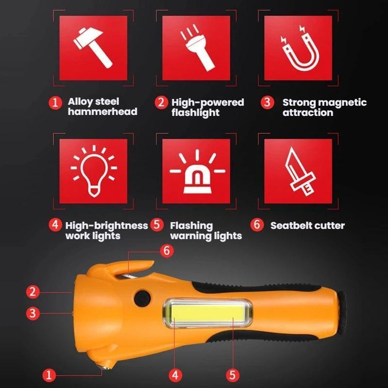Multifunction Rechargeable Magnetic COB Work Light With Car Safety Hammer Emergency Flashlight 3