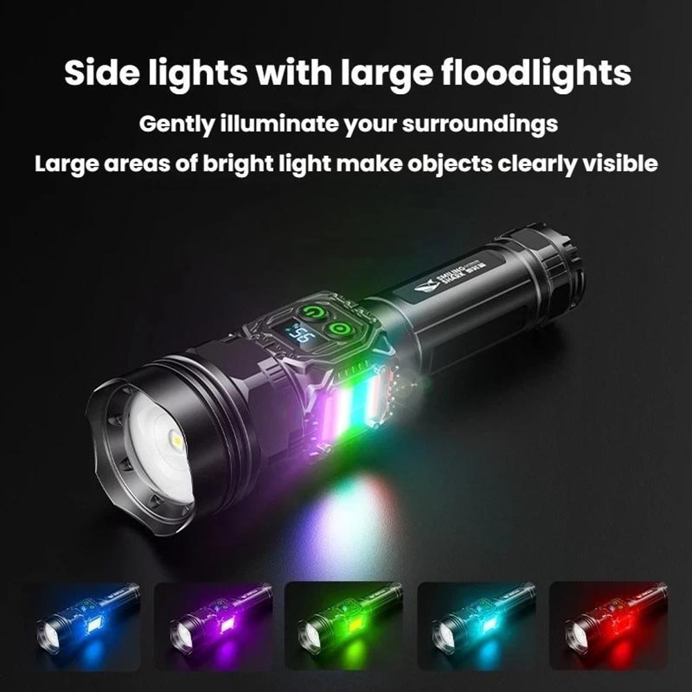 Rechargeable LED Flashlight with Power Display and Rainbow Side Light