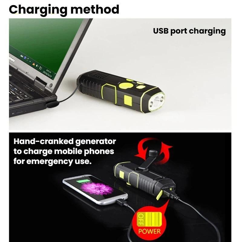 Outdoor Multi Function Emergency Flashlight With Radio Alarm Hand Crank Survival Torch 5