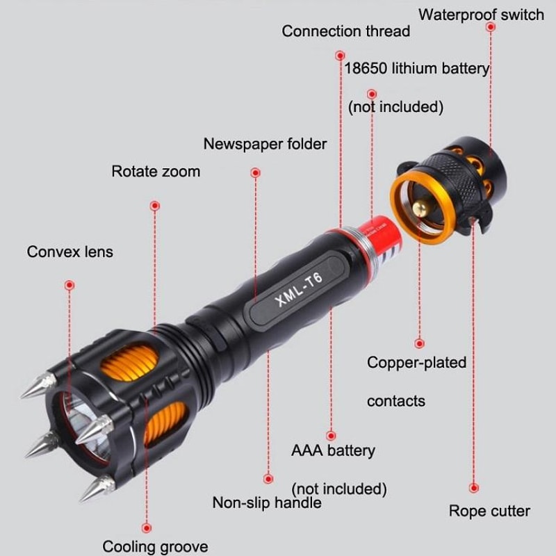 Rechargeable LED Tactical Flashlight With Car Safety Hammer Strong Beam 2