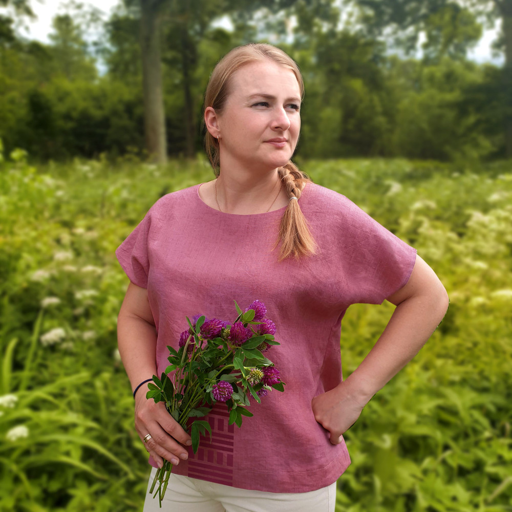 Pink Rose Natural Linen Tshirt Original Block Print Round Neck Linen Top Pure Linen Tshirt Loose Ca