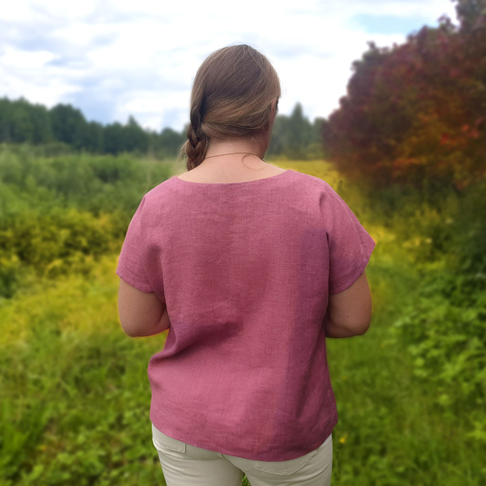 Pink Rose Natural Linen Tshirt Original Block Print Round Neck Linen Top Pure Linen Tshirt Loose Ca