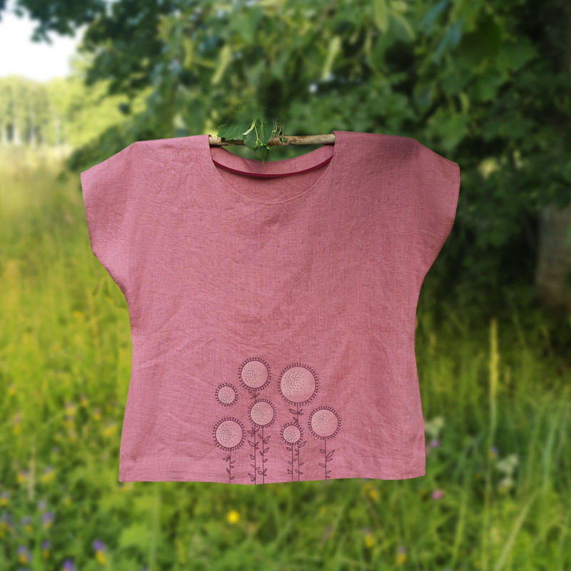 Pink Rose Natural Linen Tshirt Original Block Print Round Neck Linen Top Pure Linen Tshirt Loose Ca