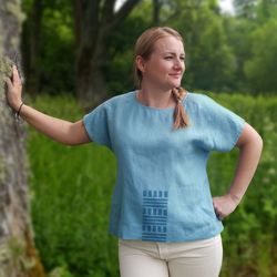 linen blouse sky blue sustainable linen top geometric design oversize linen top hand block print natural linen tshirt
