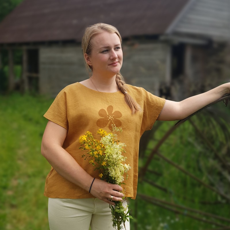 Linen Loose Casual Safron Yellow Top With Print Natural Linen Top Basic Linen Oversize Shirt Linen 0