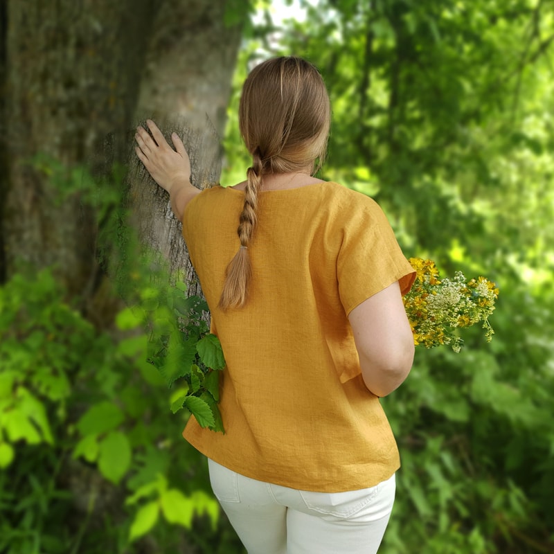 Linen Loose Casual Safron Yellow Top With Print Natural Linen Top Basic Linen Oversize Shirt Linen 1