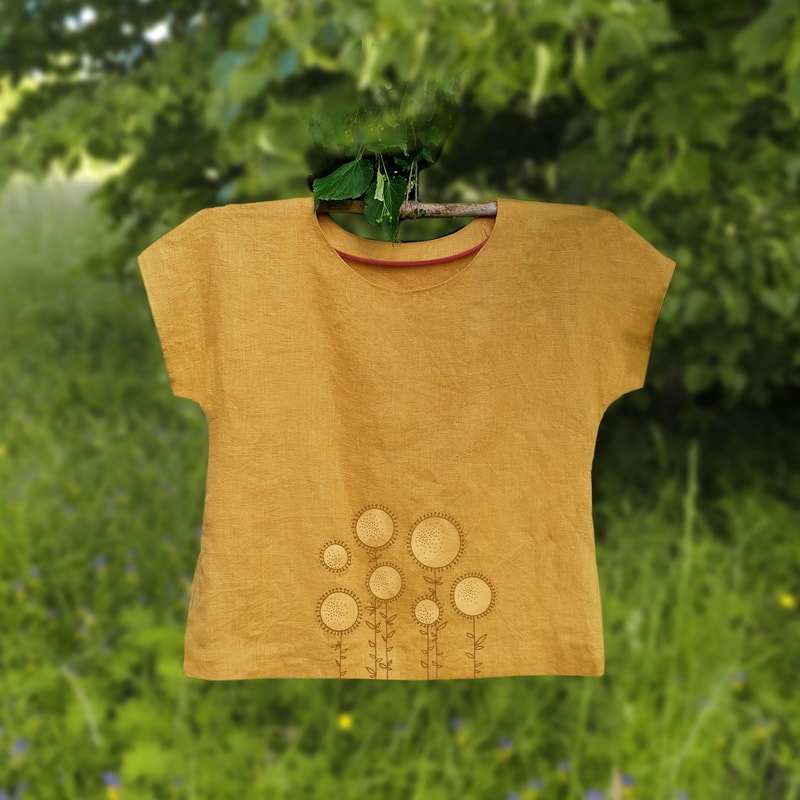 Linen Loose Casual Safron Yellow Top With Print Natural Linen Top Basic Linen Oversize Shirt Linen 2