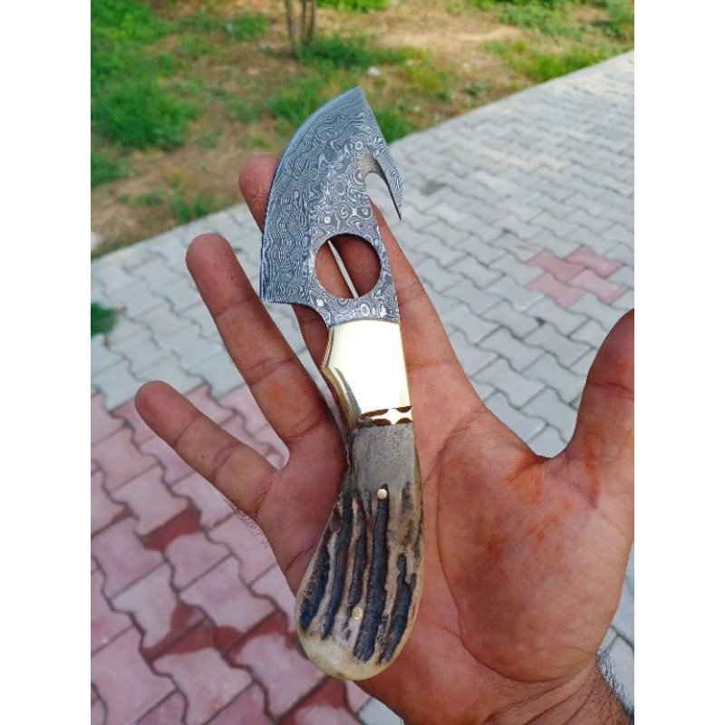 Exquisite Damascus Steel Gut Hook Knife Hand Forged With Stag Antler Handle Perfect For Gifting To Men 0
