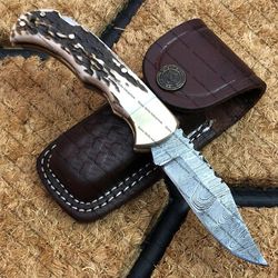 handmade damascus steel pocket knife stag horn handle with leather sheathe gift for usa father's day gift for men