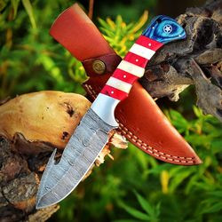 handmade damascus steel skinner knife, hunting knife camel bone, wood handle with leather sheathe gift for usa father's