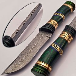 handmade damascus steel bowie knife wood, brass & crown handle with leather sheathe gift for usa father's day gift for