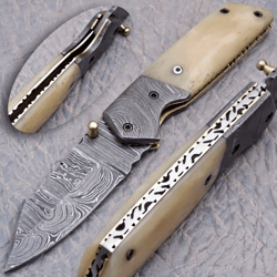 handmade damascus steel pocket knife, folding knife camel bone handle with leather sheathe gift for usa gift for men