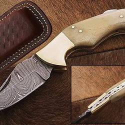 handmade damascus steel pocket knife, folding knife camel bone & brass handle with leather sheathe gift for usa father's