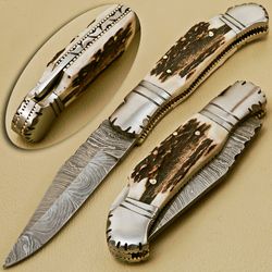 handmade damascus steel pocket knife, folding knife stag horn handle with leather sheathe gift for usa father's day gift