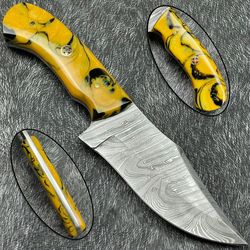 handmade damascus steel skinner knife 9" inch resin handle with leather sheathe gift for usa father's day gift for men