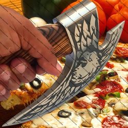 handmade carbon steel pizza cutter axe knife wood handle with leather sheathe gift for usa father's day gift for men
