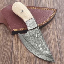 handmade damascus steel skinner knife camel bone handle with leather sheathe gift for usa father's day gift for men