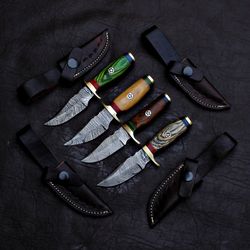 handmade damascus steel skinner knife 4 pec skinner knife lot wood & brass handle with leather sheathe gift for usa