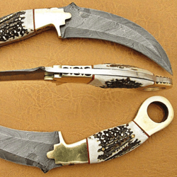 handmade damascus steel karambit knives stag horn & brass handle with leather sheathe gift for usa father's day gift