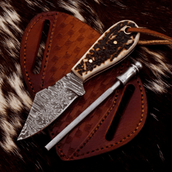 handmade damascus steel hunting knife stag horn handle with leather sheathe gift for usa father's day gift for men groom