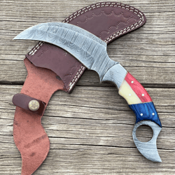 handmade damascus steel karambit knife camel bone, sheathe, & wood handle with leather sheathe gift for usa father's day