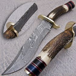 handmade damascus steel hunting knife stag horn, & brass handle with leather sheathe gift for usa father's day gift for