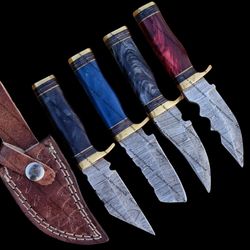 handmade damascus steel skinner hunting knife, 4 pec of lot knife resin, wood, & brass handle with leather sheathe usa