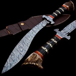 handmade damascus steel kukri knife crown stag horn, buffalo horn, & brass handle with leather sheathe gift for usa