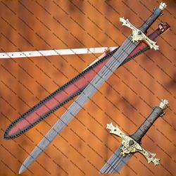 handmade damascus steel sword, viking sword brass, metal handle with leather sheathe gift for usa father's day gift