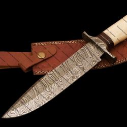 handmade damascus steel hunting bowie knife buffalo horn, camel bone, brass handle with leather sheathe gift for usa