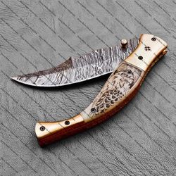 handmade damascus steel pocket knife under luck folding knife camel bone, & brass handle with leather sheathe usa