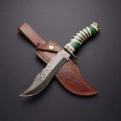 handmade damascus steel hunting knife crown brass, camel bone, resin handle with leather sheathe gift for usa