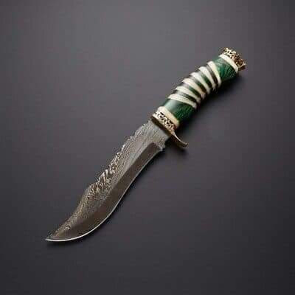 Handmade Damascus Steel Hunting Knife Crown Brass Camel Bone Resin Handle With Leather Sheathe Gift For USA 2