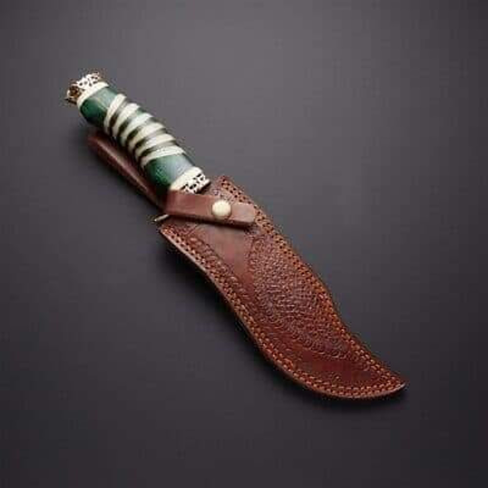 Handmade Damascus Steel Hunting Knife Crown Brass Camel Bone Resin Handle With Leather Sheathe Gift For USA 3