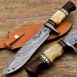 handmade damascus steel hunting skinner knife camel bone, buffalo horn, & brass handle with leather sheathe gift for usa