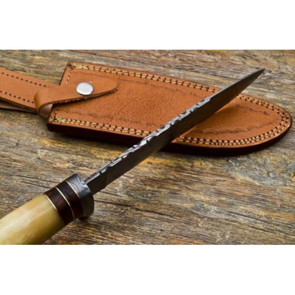 Handmade Damascus Steel Hunting Skinner Knife Camel Bone Buffalo Horn Brass Handle With Leather Sheathe Gift For USA 1