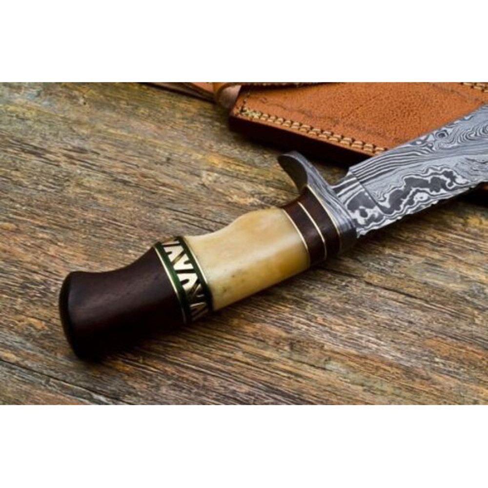 Handmade Damascus Steel Hunting Skinner Knife Camel Bone Buffalo Horn Brass Handle With Leather Sheathe Gift For USA 3