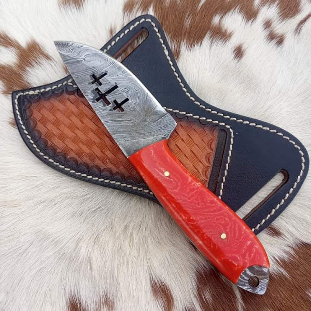 Handmade Damascus Steel Hunting Knife Weir Cut Skinner Knife Resin Handle With Leather Sheathe Gift For USA Fathers Day 1