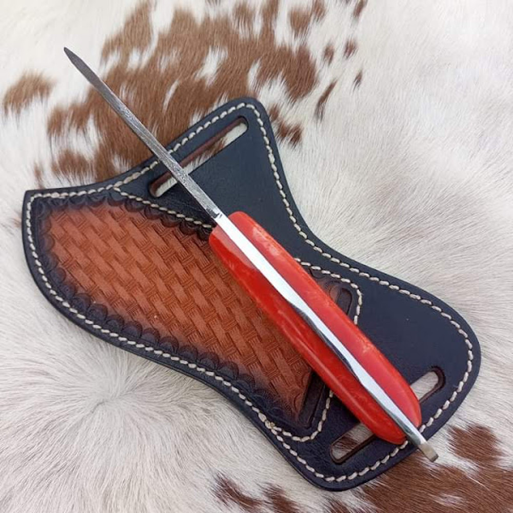 Handmade Damascus Steel Hunting Knife Weir Cut Skinner Knife Resin Handle With Leather Sheathe Gift For USA Fathers Day 2