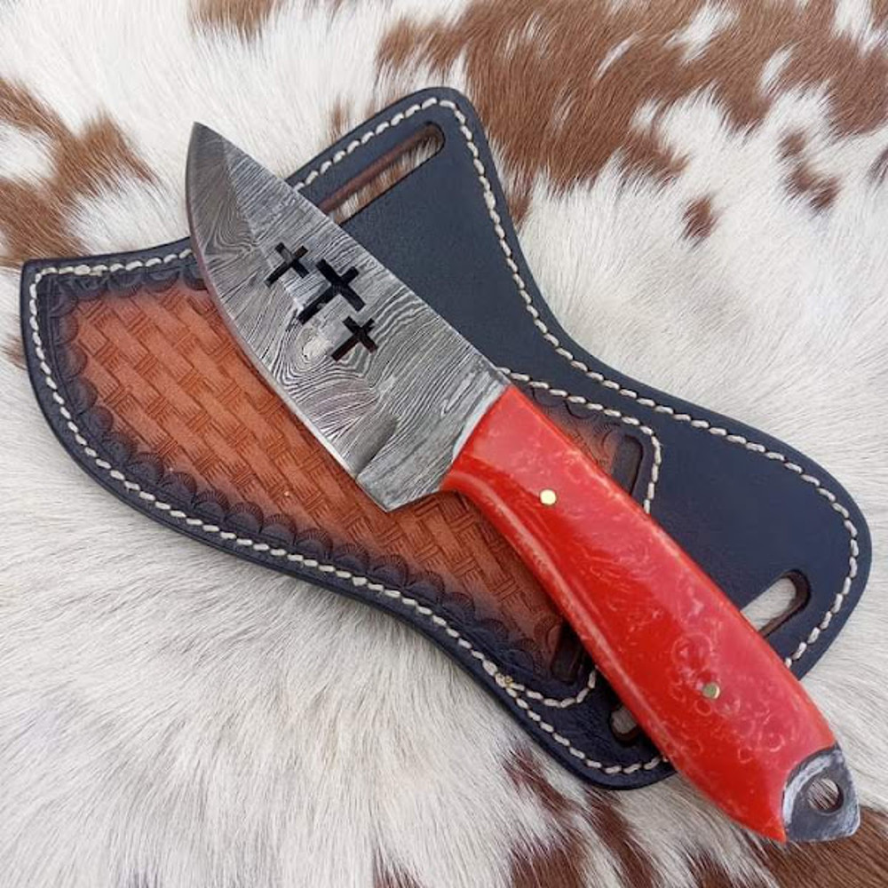 Handmade Damascus Steel Hunting Knife Weir Cut Skinner Knife Resin Handle With Leather Sheathe Gift For USA Fathers Day 0