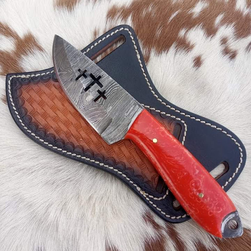 Handmade Damascus Steel Hunting Knife Weir Cut Skinner Knife Resin Handle With Leather Sheathe Gift For USA Fathers Day 0