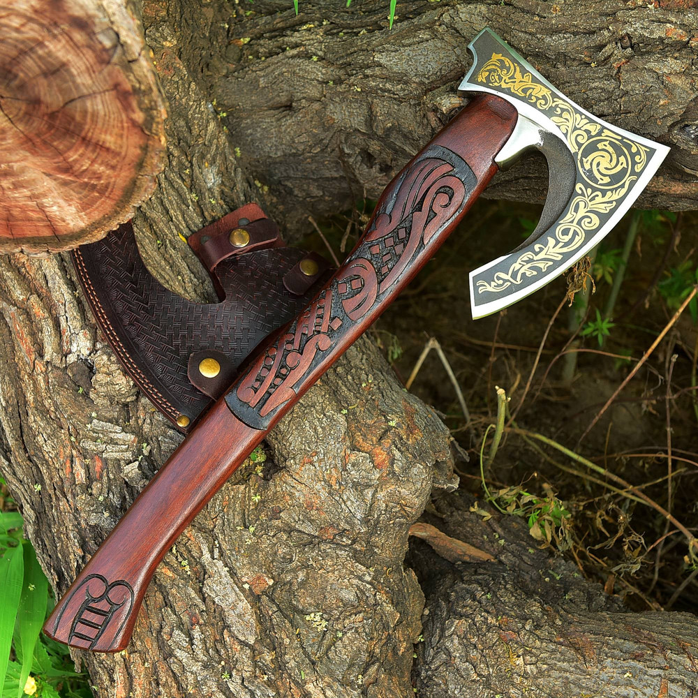 Handmade Carbon Steel Axe Viking Axe DURAS VIKING AXE Wood Engraved Handle With Leather Sheathe Gift For USA 2