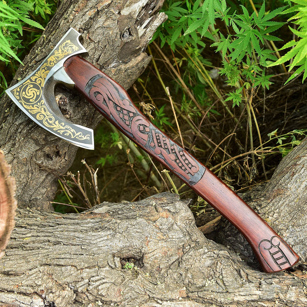 Handmade Carbon Steel Axe Viking Axe DURAS VIKING AXE Wood Engraved Handle With Leather Sheathe Gift For USA 1