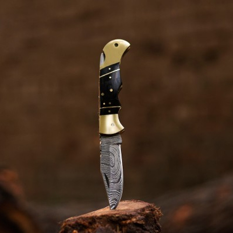 Handmade Damascus Steel Pocket Knife Buffalo Horn Brass Handle Back Luck Handle With Leather Sheathe Gift For USA 3