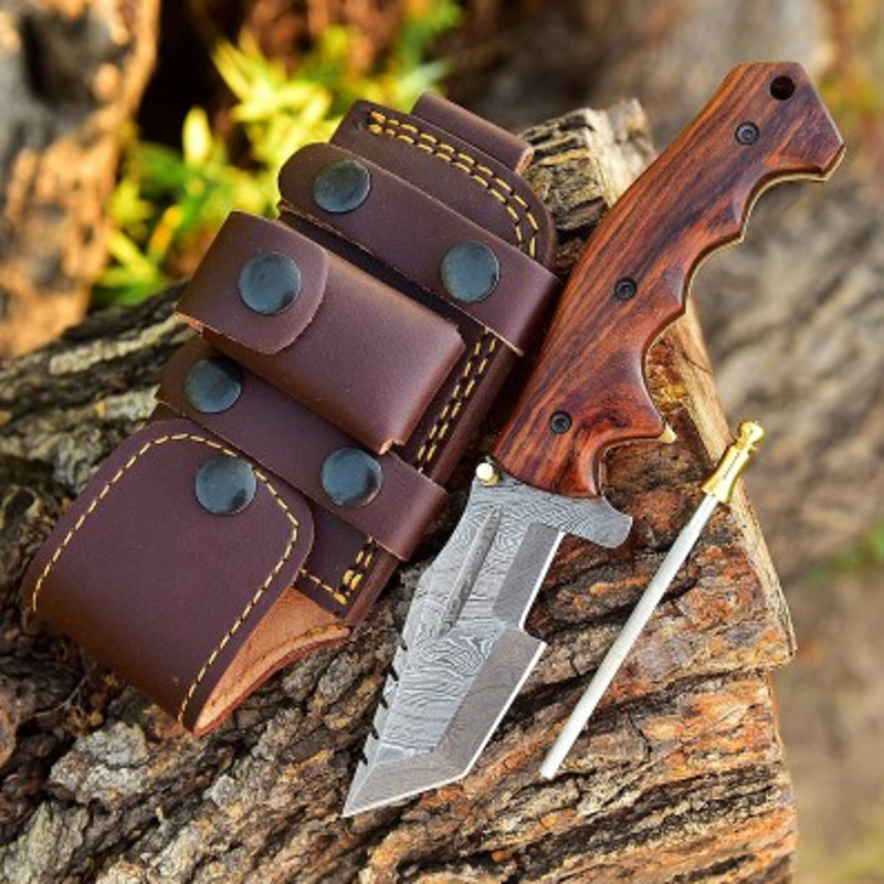 Handmade Damascus Steel Tanto Pocket Knife Wood Handle With Leather Sheathe Gift For USA Fathers Day Gift For Men Groom 0