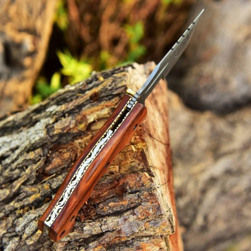 Handmade Damascus Steel Tanto Pocket Knife Wood Handle With Leather Sheathe Gift For USA Fathers Day Gift For Men Groom 4