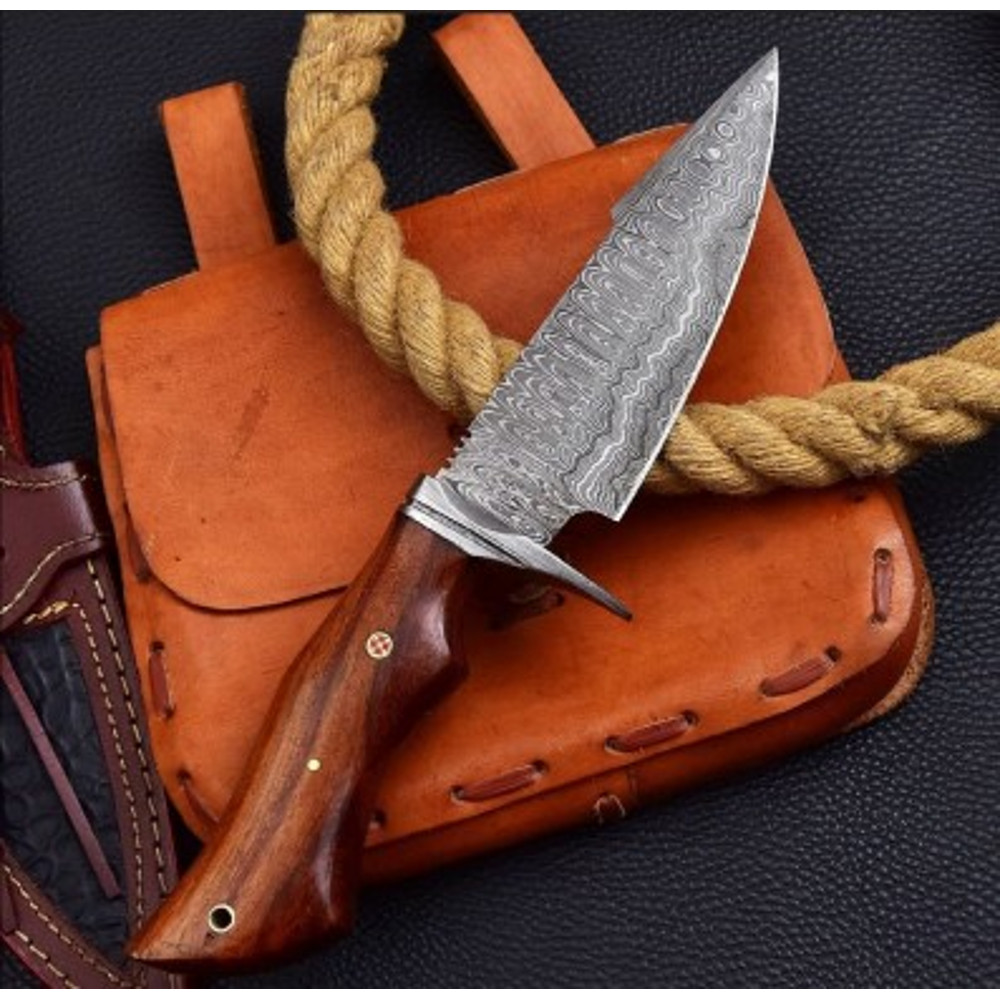Handmade Damascus Steel Skinner Knife Fixed Blade Hunting Knife Olive Wood Handle With Leather Sheathe Gift For USA 1