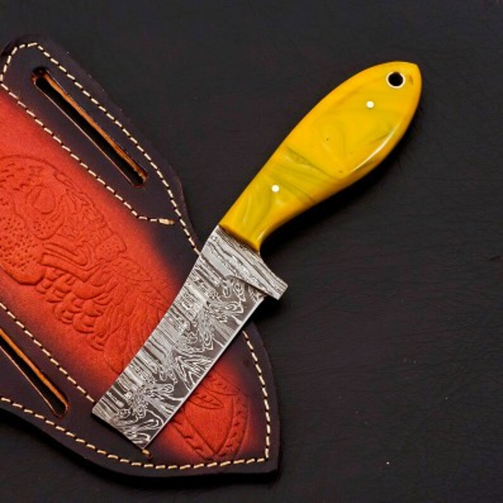 Handmade Damascus Steel Bull Cutter Hunting Knife Resin Handle With Leather Sheathe Gift For USA Fathers Day Gift 0